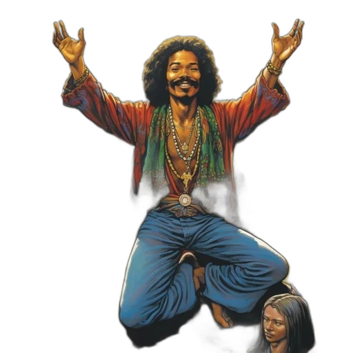 concept art, man, afro, dressed, colorful, clothing, raises, his transparent PNG cut-out