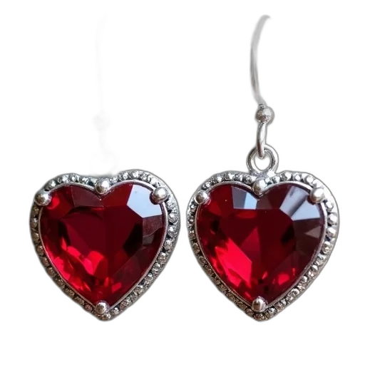 jewelry, pair, earrings, red, gemstone, silver, heart-shaped, charm transparent PNG cut-out