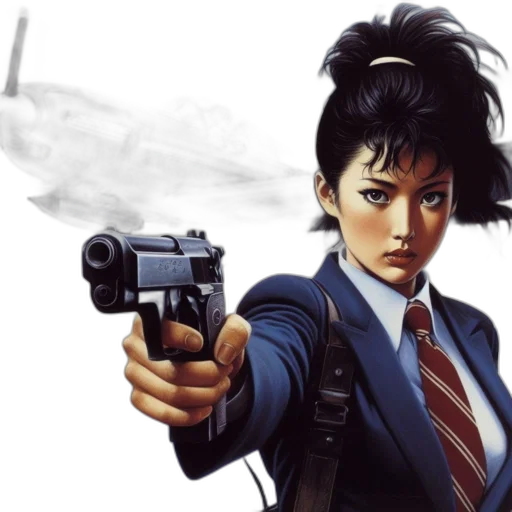 weapon, comic book art, concept art, cyberpunk, photorealistic, woman, dark, hair transparent PNG cut-out