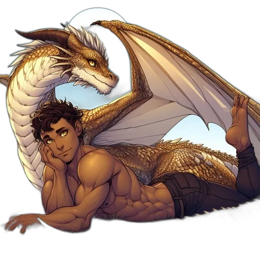 dragon, fantasy art, concept art, pixel art, comic book art, golden, young, man transparent PNG cut-out