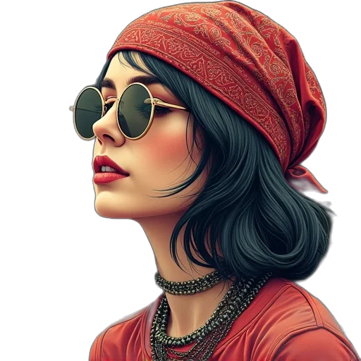 hat, face, jewelry, photorealistic, comic book art, fantasy art, cartoon, red transparent PNG cut-out