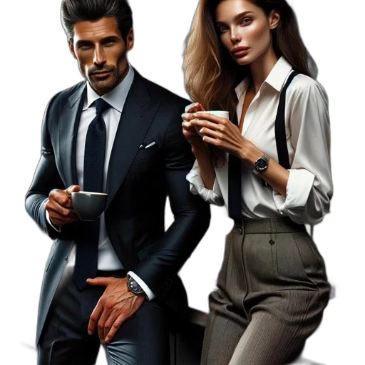 jacket, jewelry, photorealistic, concept art, earth tones, dark, two, people transparent PNG cut-out