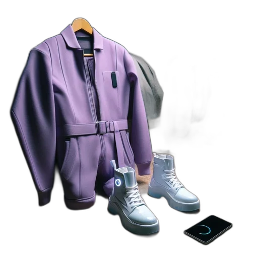 jacket, dress, shoes, robot, vaporwave, 3d render, concept art, cyberpunk transparent PNG cut-out