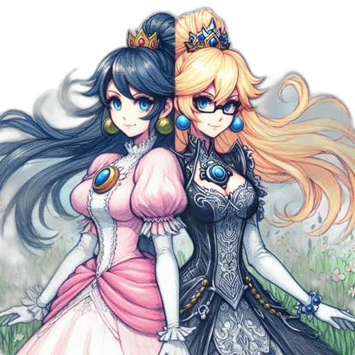 dress, crown, fantasy art, anime, pixel art, concept art, monochrome, colorful transparent PNG cut-out