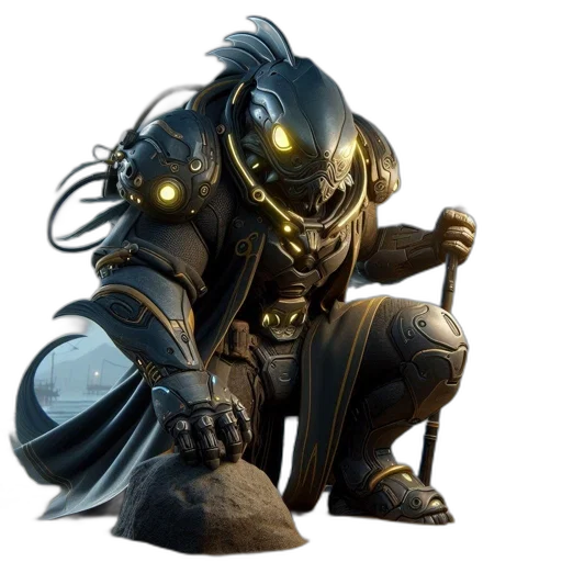 mask, staff, robot, weapon, concept art, fantasy art, cyberpunk, 3d render transparent PNG cut-out