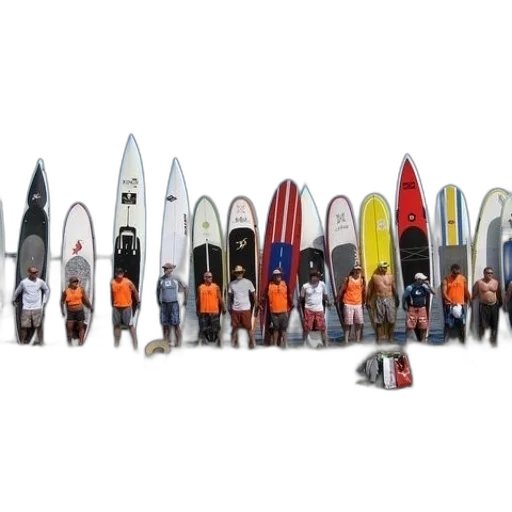 weapon, staff, group, surfers, stand, front, their, boards transparent PNG cut-out