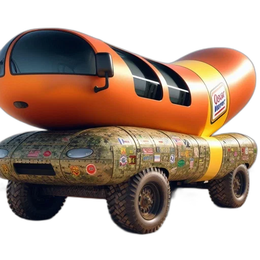 car, weapon, concept art, 3d render, orange, futuristic, hotdog-shaped, vehicle transparent PNG cut-out