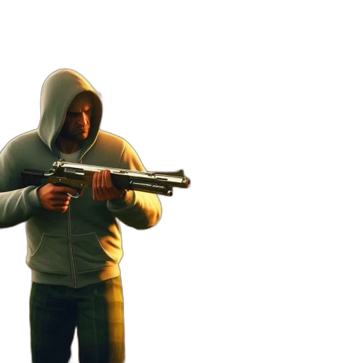weapon, jacket, concept art, 3d render, photorealistic, man, hooded, sweatshirt transparent PNG cut-out