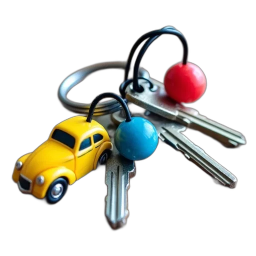 car, 3d render, set, keys, keychains, displayed, wooden, surface transparent PNG cut-out