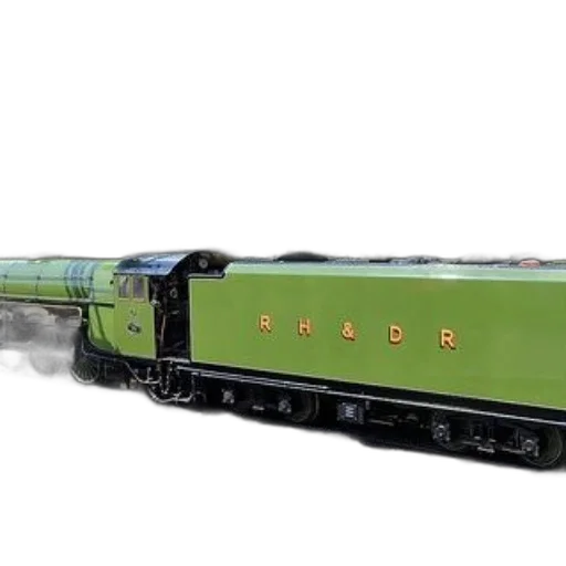 3d render, photorealistic, concept art, green, steam, locomotive, side, traveling transparent PNG cut-out