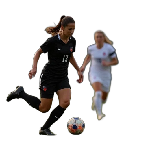 female, soccer, player, black, uniform, running, towards, ball transparent PNG cut-out