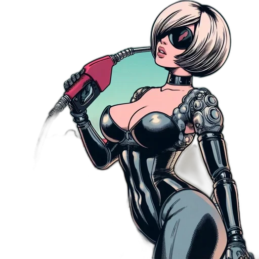 robot, jacket, weapon, comic book art, concept art, cyberpunk, cartoon, futuristic transparent PNG cut-out