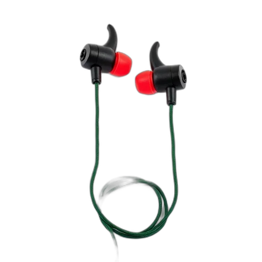 pair, black, earphones, red, accents, green, cord, displayed transparent PNG cut-out