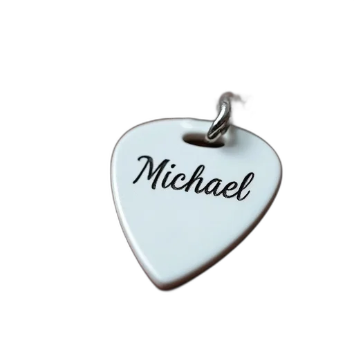 jewelry, photorealistic, white, guitar, pick, name, michael, engraved transparent PNG cut-out