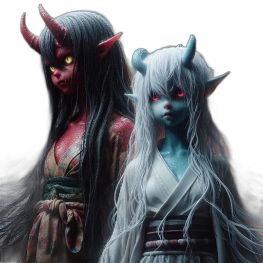 fantasy art, concept art, comic book art, photorealistic, two, characters, horns, ethereal transparent PNG cut-out