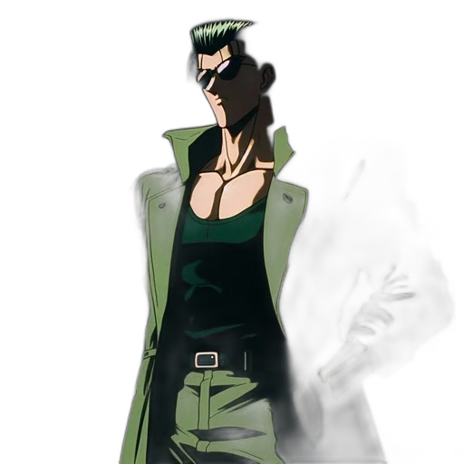 jacket, mask, staff, concept art, comic book art, anime, 3d render, green transparent PNG cut-out