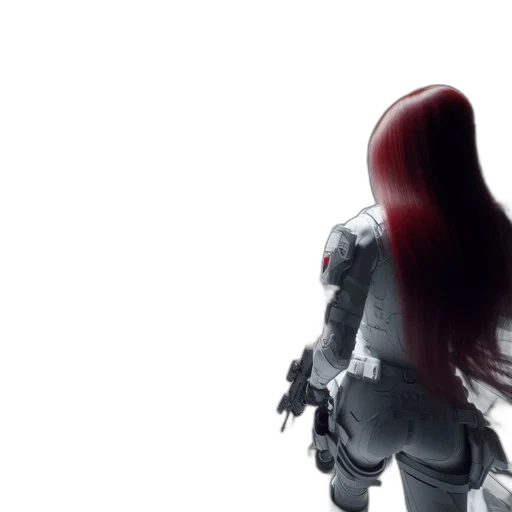 robot, weapon, hair, 3d render, concept art, female, character, white transparent PNG cut-out