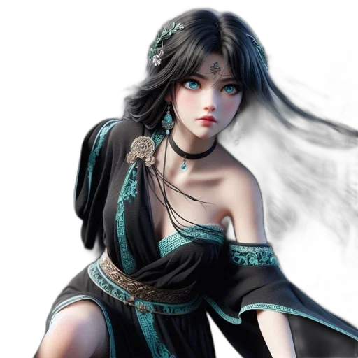 dress, fantasy art, concept art, photorealistic, anime, blue, dark, green transparent PNG cut-out