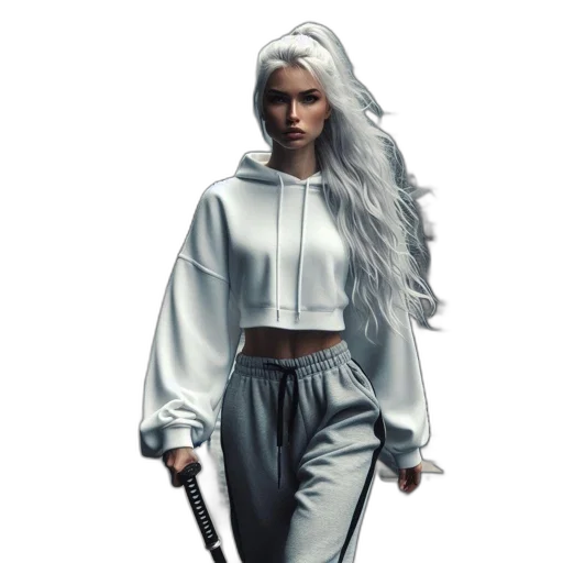 jacket, staff, sword, hair, concept art, fantasy art, photorealistic, 3d render transparent PNG cut-out