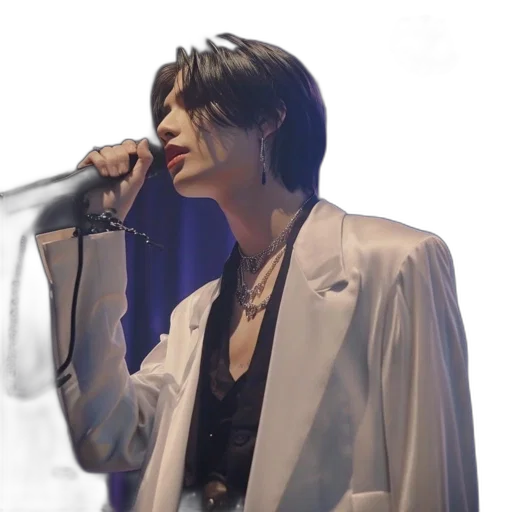jacket, neon lights, man, dark, shoulder-length, hairstyle, sings, dimly transparent PNG cut-out