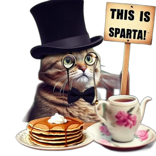 anthropomorphized, cat, wears, formal, attire, dines, elegantly, amidst transparent PNG cut-out