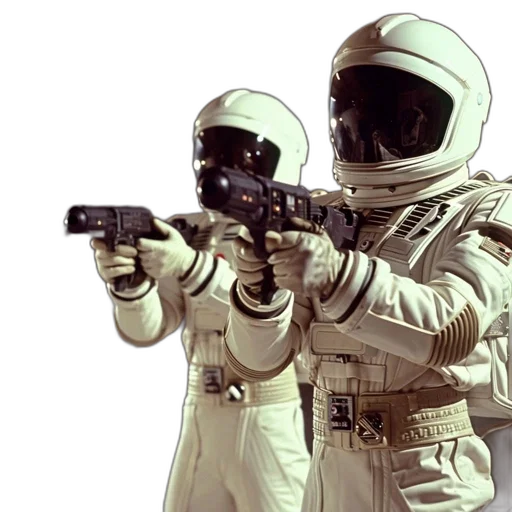 weapon, staff, robot, concept art, 3d render, outer space, two, astronauts transparent PNG cut-out