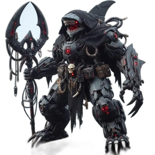 robot, creature, concept art, 3d render, fantasy art, menacing-looking, metallic, stands transparent PNG cut-out