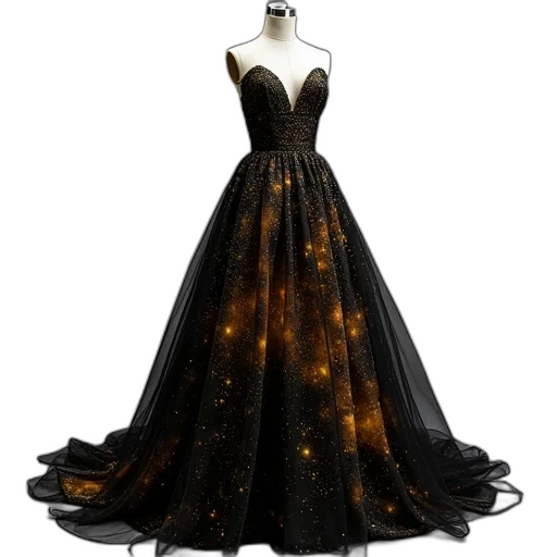 dress, fantasy art, concept art, 3d render, outer space, dark, golden, features transparent PNG cut-out