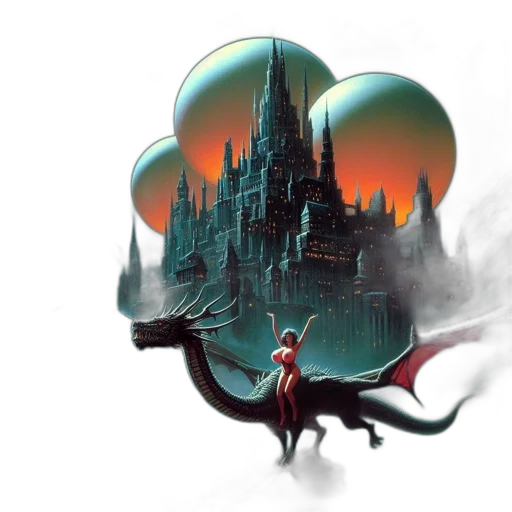 dragon, concept art, fantasy art, comic book art, pixel art, majestic, castle, lit transparent PNG cut-out