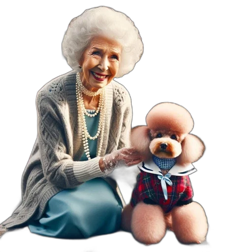 photorealistic, 3d render, concept art, elderly, lady, smiles, while, kneeling transparent PNG cut-out