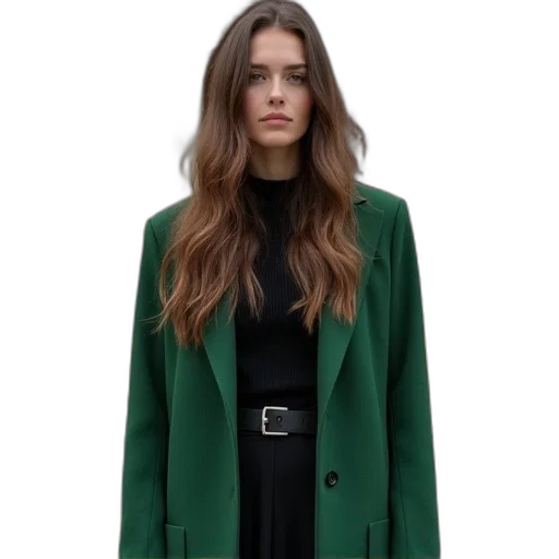 jacket, dress, hair, green, dark, earth tones, monochrome, woman transparent PNG cut-out