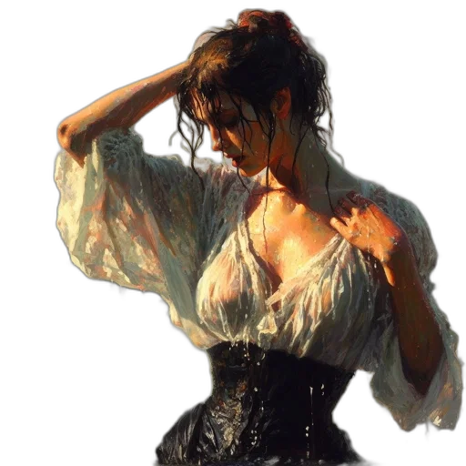 dress, oil painting, photorealistic, fantasy art, concept art, rain, fire, dark transparent PNG cut-out