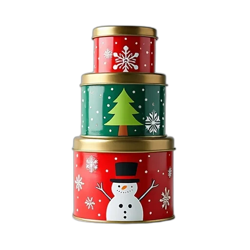 3d render, stack, colorful, tins, festive, designs, including, christmas transparent PNG cut-out