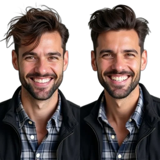 face, hair, jacket, mask, photorealistic, 3d render, concept art, side-by-side transparent PNG cut-out