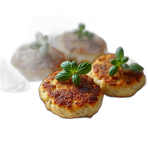 food, photorealistic, 3d render, plate, four, patties, green, herb transparent PNG cut-out