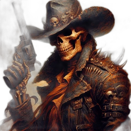 weapon, hat, concept art, photorealistic, fantasy art, comic book art, skeletal, gunfighter transparent PNG cut-out