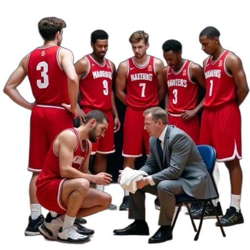 group, men, basketball, huddle, one, man, red, jersey transparent PNG cut-out