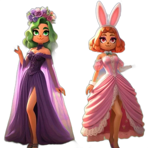 dress, concept art, 3d render, fantasy art, cartoon, pastel, two, female transparent PNG cut-out