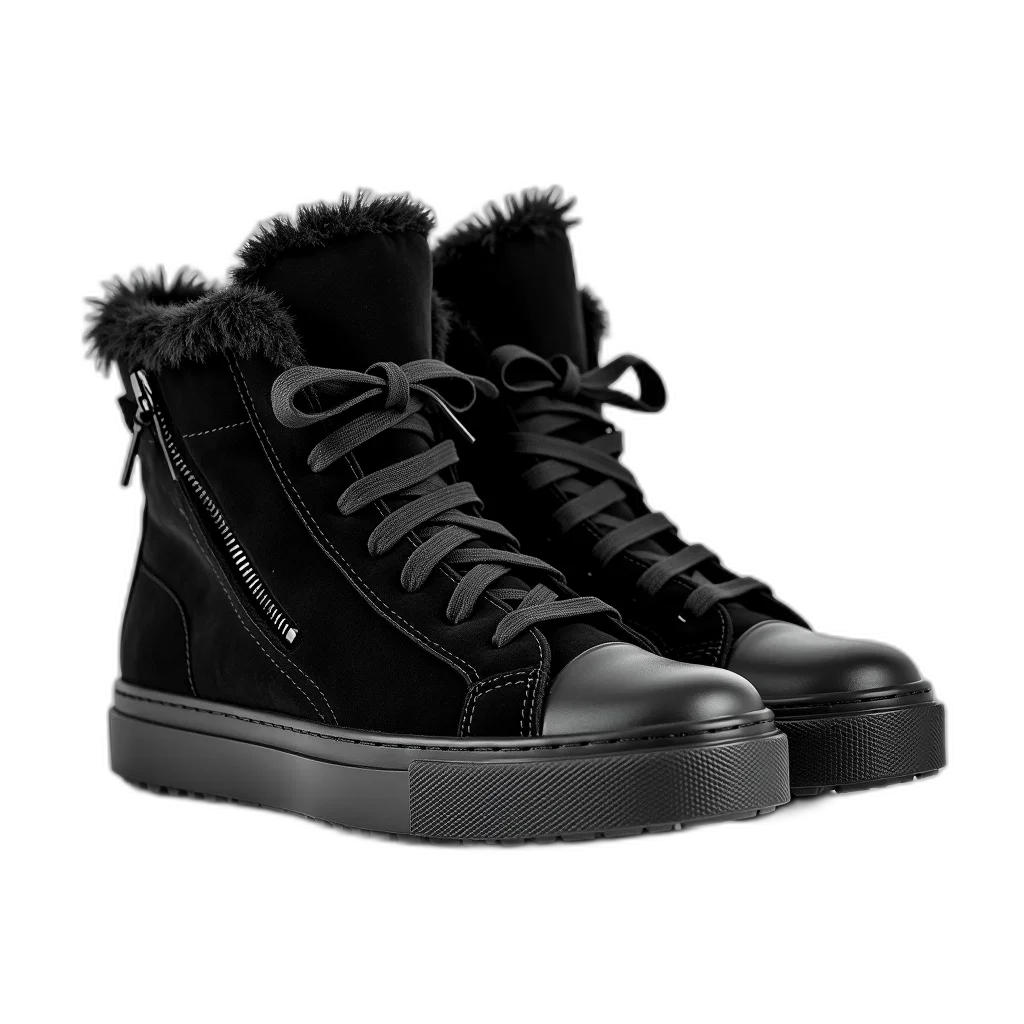shoes, 3d render, photorealistic, monochrome, dark, pair, black, fuzzy transparent PNG cut-out