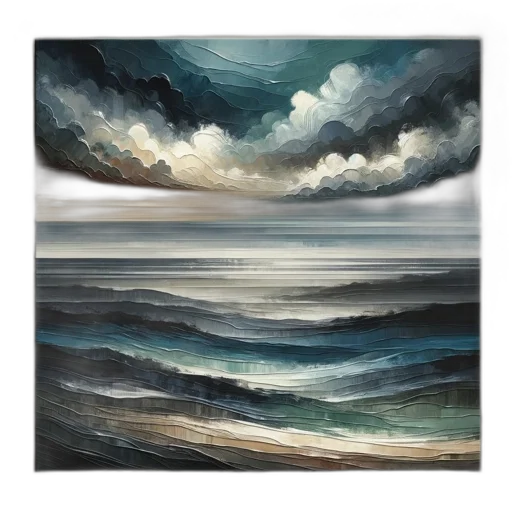 oil painting, photorealistic, beach, underwater, fog, rain, blue, dark transparent PNG cut-out