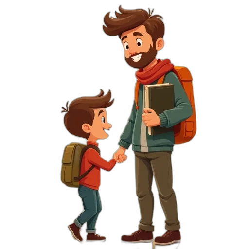 concept art, cartoon, watercolor, comic book art, father, son, carrying, book transparent PNG cut-out