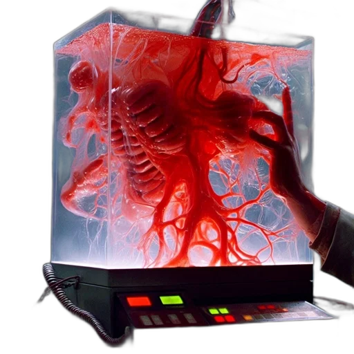 robot, cyberpunk, concept art, translucent, box, contains, fluid-filled, chamber transparent PNG cut-out