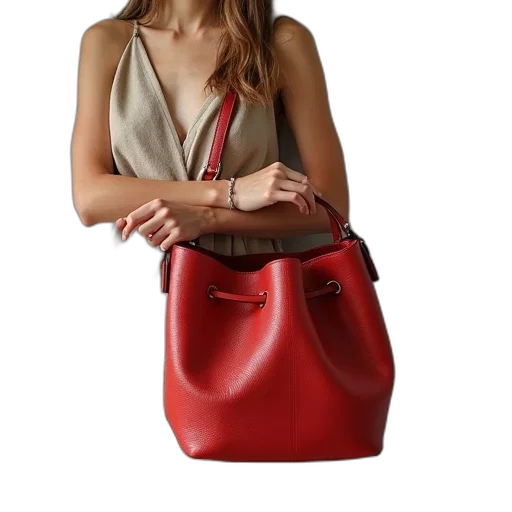 dress, jewelry, photorealistic, red, bucket, handbag transparent PNG cut-out