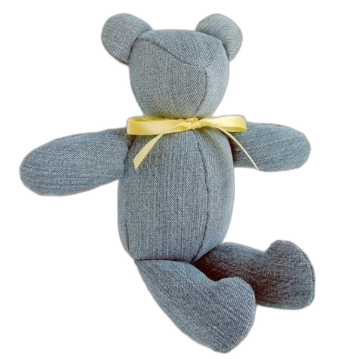 blue, teddy, bear, yellow, ribbon, around, neck, sits transparent PNG cut-out