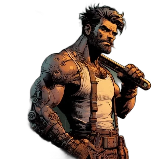 comic book art, concept art, earth tones, rugged, heavily, tattooed, mechanic, stands transparent PNG cut-out