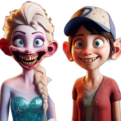 3d render, concept art, cartoon, photorealistic, two, animated, characters, one transparent PNG cut-out