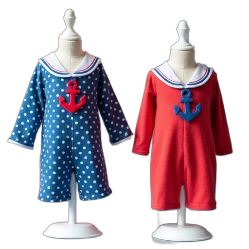 dress, two, child-sized, sailor-themed, outfits, displayed, mannequins, left transparent PNG cut-out