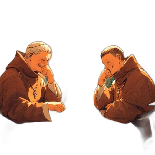 jacket, concept art, comic book art, pixel art, earth tones, two, monks, play transparent PNG cut-out