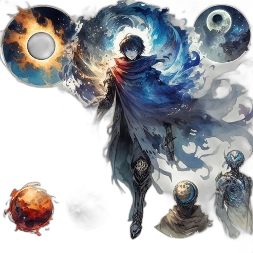 mask, concept art, fantasy art, comic book art, outer space, fire, blue, dark transparent PNG cut-out