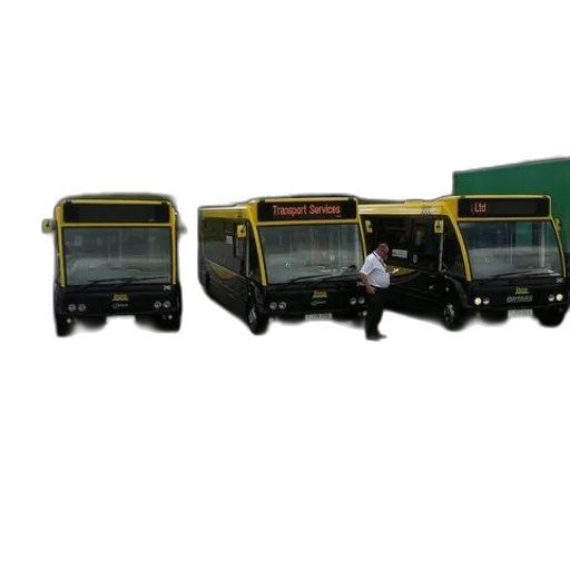 3d render, concept art, three, black, yellow, buses, parked, lot transparent PNG cut-out